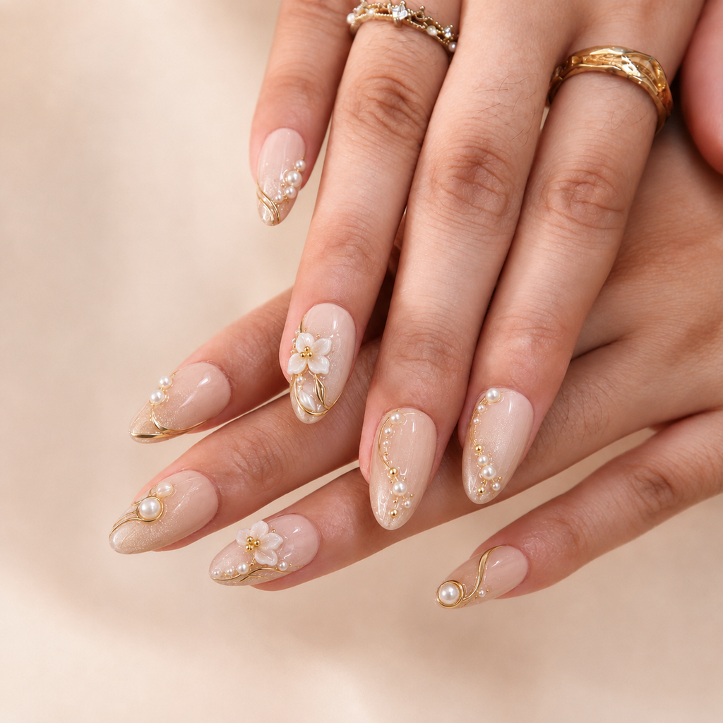 Beautiful Morning handmade floral press-on nails worn on hands