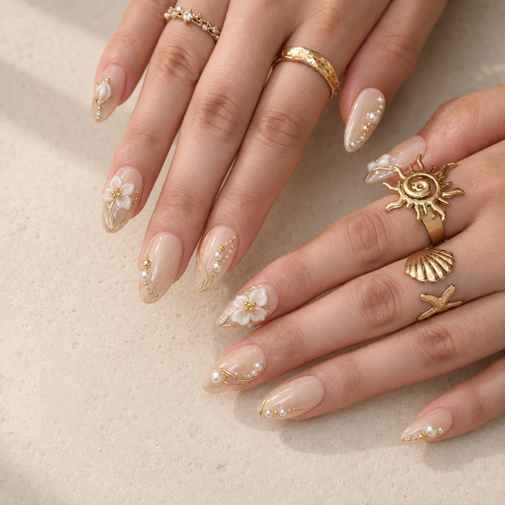 Nude pink press-on nails with white flowers, pearls and gold details