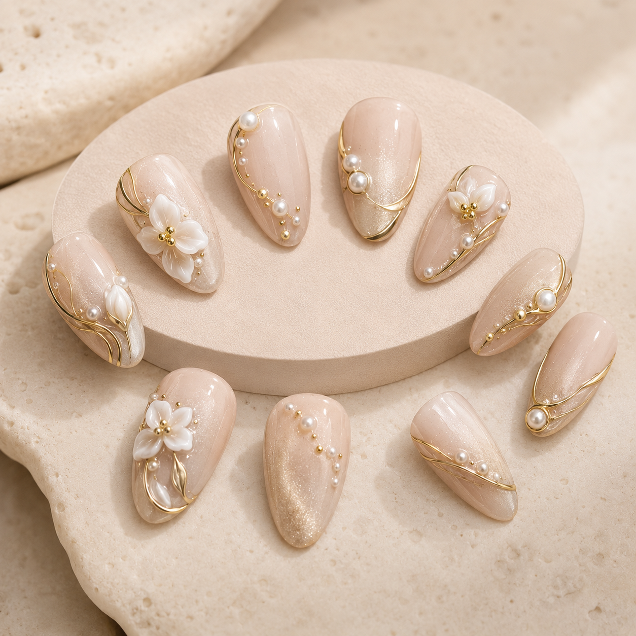 Beautiful Morning 3D floral short almond press-on nail set