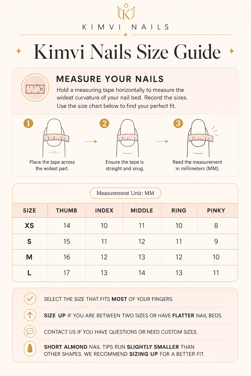 Kimvi Nails press-on nail size guide XS to L